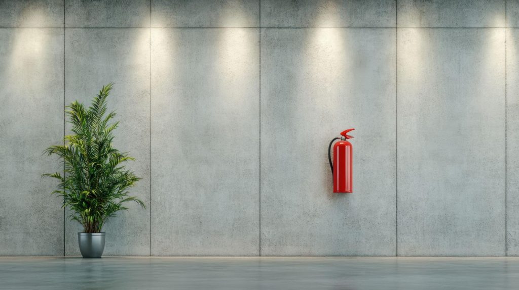 Wall-mounted fire extinguisher in a commercial building ready for routine inspection and maintenance.