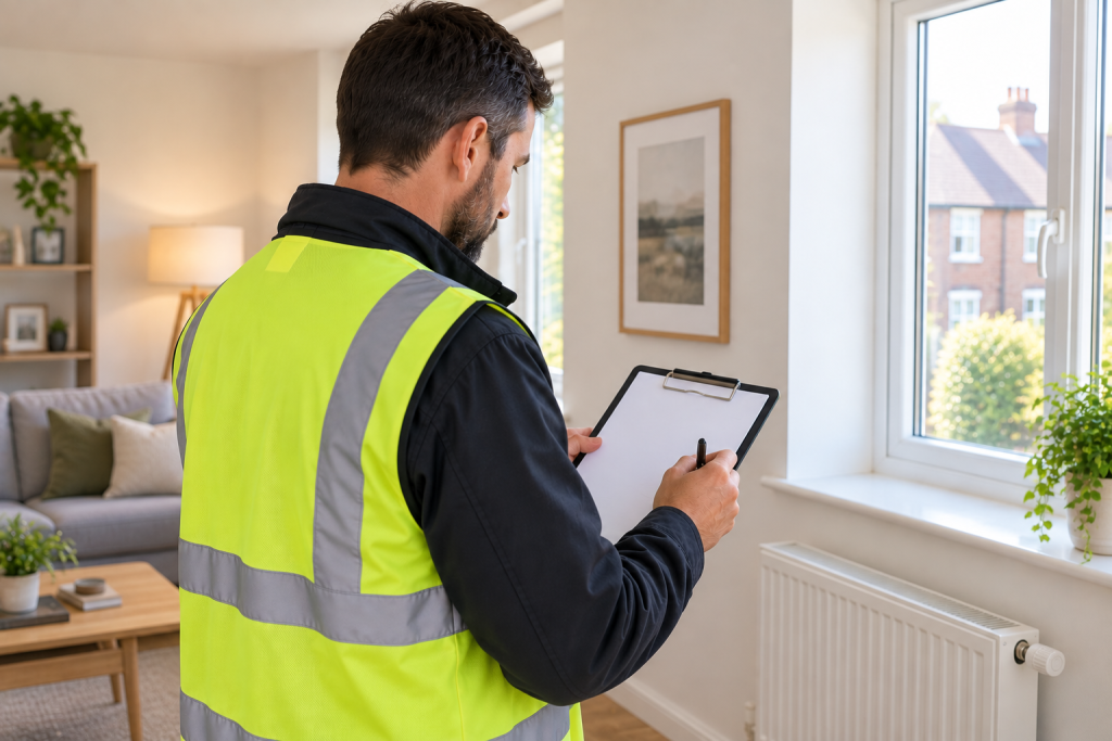 EPC assessor carrying out an Energy Performance Certificate assessment inside a residential rental property.